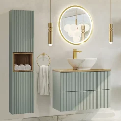 Ensemble meuble simple vasque 80cm 2 tiroirs miroir LED et colonne Jade Vert et Bois