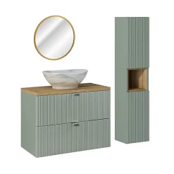 Ensemble meuble simple vasque 80cm 2 tiroirs miroir LED et colonne Jade Vert et Bois