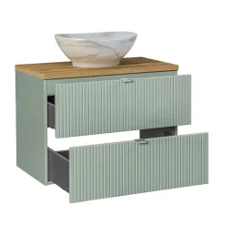 Ensemble meuble simple vasque 80cm 2 tiroirs et colonne Jade Vert et Bois
