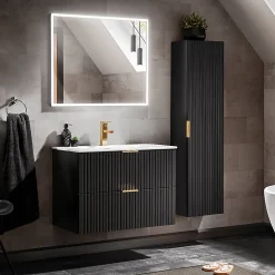 Ensemble meuble simple vasque encastree 80cm miroir LED et colonne Adriel Noir