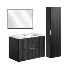 Ensemble meuble simple vasque encastree 80cm miroir LED et colonne Adriel Noir