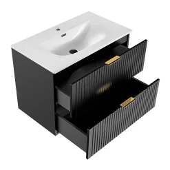 Ensemble meuble simple vasque encastree 80cm miroir LED et colonne Adriel Noir