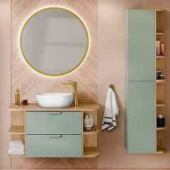 Ensemble meuble simple vasque 100cm niches arrondies et colonne Oria Vert mat