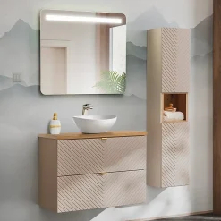 Ensemble meuble simple vasque 80cm 2 tiroirs et colonne Manoa Cachemire et Bois