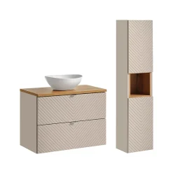 Ensemble meuble simple vasque 80cm 2 tiroirs et colonne Manoa Cachemire et Bois