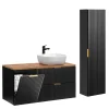 Ensemble meuble simple vasque 120cm panier à linge et colonne Adriel Noir et Bois