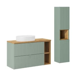 Ensemble meuble simple vasque 100cm 2 tiroirs 2 niches et colonne Jade Vert et Bois