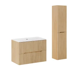 Ensemble meuble simple vasque encastree 80cm et colonne Isaline Bois
