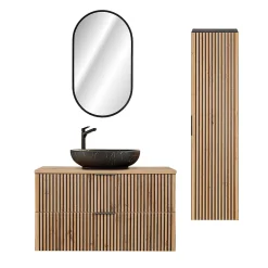 Ensemble meuble simple vasque 100cm miroir LED et colonne Gaia Bois et Noir - Vasque Noir
