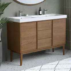 Ensemble meuble sous vasque placage bois Kabayan + plan double vasque résine blanc Mila l.120 cm