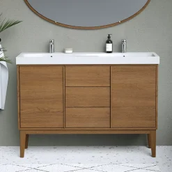 Ensemble meuble sous vasque placage bois Kabayan + plan double vasque résine blanc Mila l.120 cm