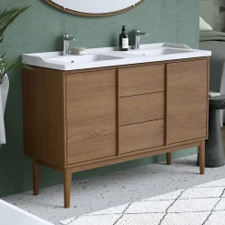 Ensemble meuble sous vasque placage bois Kabayan + plan double vasque céramique blanc Lana l.120 cm