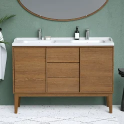 Ensemble meuble sous vasque placage bois Kabayan + plan double vasque céramique blanc Lana l.120 cm