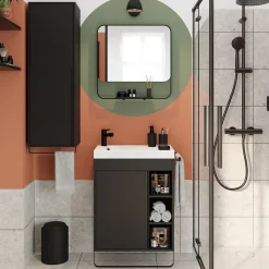 Ensemble meuble vasque faible profondeur noir avec porte-serviettes l.65 x H.82 x P.36 cm + plan vasque blanc résine + miroir, GoodHome Maza
