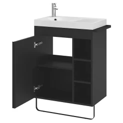 Ensemble meuble vasque faible profondeur noir avec porte-serviettes l.65 x H.82 x P.36 cm + plan vasque blanc résine + miroir, GoodHome Maza