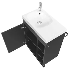 Ensemble meuble vasque faible profondeur noir avec porte-serviettes l.65 x H.82 x P.36 cm + plan vasque blanc résine + miroir, GoodHome Maza