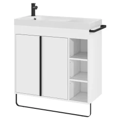 Ensemble meuble vasque faible profondeur blanc avec porte-serviettes l.85 x H.82 x P.36 cm + plan vasque résine blanc + miroir, GoodHome Maza