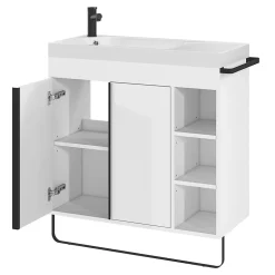 Ensemble meuble vasque faible profondeur blanc avec porte-serviettes l.85 x H.82 x P.36 cm + plan vasque résine blanc + miroir, GoodHome Maza
