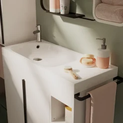 Ensemble meuble vasque faible profondeur blanc avec porte-serviettes l.85 x H.82 x P.36 cm + plan vasque résine blanc + miroir, GoodHome Maza