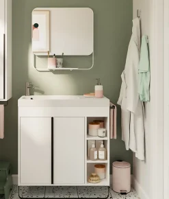 Ensemble meuble vasque faible profondeur blanc avec porte-serviettes l.85 x H.82 x P.36 cm + plan vasque résine blanc + miroir, GoodHome Maza