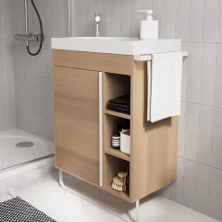 Ensemble meuble vasque faible profondeur effet bois avec porte-serviettes l.65 x H.82 x P.36 cm + plan vasque résine blanc + miroir, GoodHome Maza