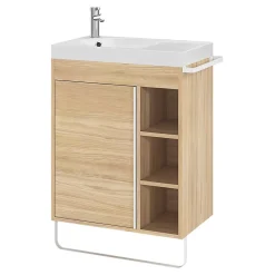 Ensemble meuble vasque faible profondeur effet bois avec porte-serviettes l.65 x H.82 x P.36 cm + plan vasque résine blanc + miroir, GoodHome Maza