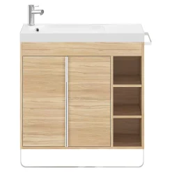 Ensemble meuble vasque faible profondeur effet bois avec porte-serviettes l.85 x H.82 x P.36 cm + plan vasque résine blanc + miroir, GoodHome Maza