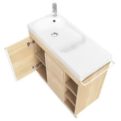 Ensemble meuble vasque faible profondeur effet bois avec porte-serviettes l.85 x H.82 x P.36 cm + plan vasque résine blanc + miroir, GoodHome Maza