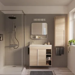 Ensemble meuble vasque faible profondeur effet bois avec porte-serviettes l.85 x H.82 x P.36 cm + plan vasque résine blanc + miroir, GoodHome Maza