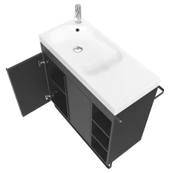 Ensemble meuble vasque faible profondeur noir avec porte-serviettes l.85 x H.82 x P.36 cm + plan vasque blanc résine + miroir, GoodHome Maza