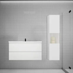 Ensemble meuble vasque L.100cm blanc 2 tiroirs + lavabo + colonne