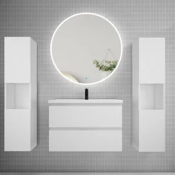 Ensemble meuble vasque L.80cm 2 tiroirs + lavabo + LED miroir rond 90cm + 2 colonne,blanc A