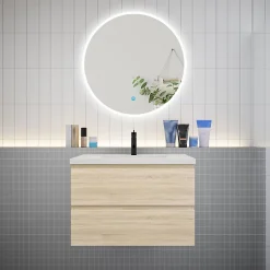 Ensemble meuble vasque L.80cm 2 tiroirs + lavabo + LED miroir rond 80cm,chêne