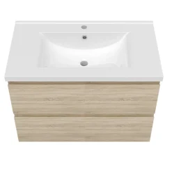 Ensemble meuble vasque L.80cm 2 tiroirs + lavabo + LED miroir rond 80cm,chêne