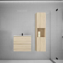 Ensemble meuble vasque L.60cm chêne 2 tiroirs + lavabo + colonne