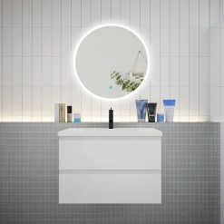 Ensemble meuble vasque L.80cm 2 tiroirs + lavabo + LED miroir rond 70cm,blanc