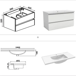 Ensemble meuble vasque L.100cm 2 tiroirs + lavabo + LED miroir rond 90cm,blanc,easy