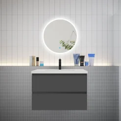 Ensemble meuble vasque L.80cm 2 tiroirs + lavabo + LED miroir rond 60cm,anthracite