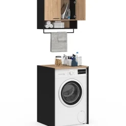 Ensemble meubles de buanderie WALLIS noir et bois façon hêtre pour machine à laver