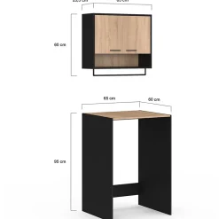 Ensemble meubles de buanderie WALLIS noir et bois façon hêtre pour machine à laver