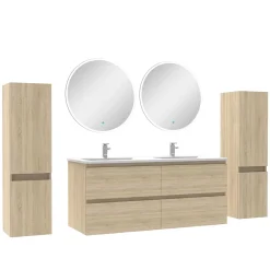 Ensemble meubles Salle de Bain avec colonne + miroir rond mural 120cm meuble Chêne Wotan