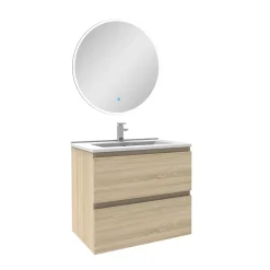 Ensemble meubles Salle de Bain Chêne Wotan 60cm simple vasque + miroir lumineux rond