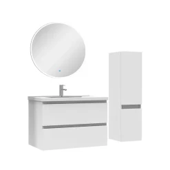 Ensemble meubles Salle de Bain 80cm vasque + colonne + miroir rond lumineux Blanc