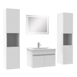 Ensemble meubles Salle de Bain simple vasque 60cm, colonne x2 et miroir Blanc