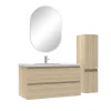 Ensemble meubles Salle de Bain 100cm vasque + colonne + miroir ovale Chêne Wotan