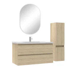 Ensemble meubles Salle de Bain 100cm vasque + colonne + miroir ovale Chêne Wotan