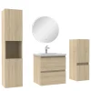Ensemble meubles Salle de Bain 50cm simple vasque + colonne + miroir rond mural Chêne Wotan