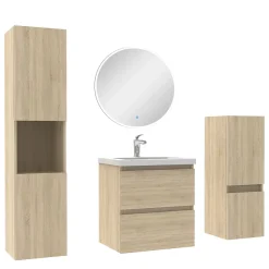 Ensemble meubles Salle de Bain 50cm simple vasque + colonne + miroir rond mural Chêne Wotan