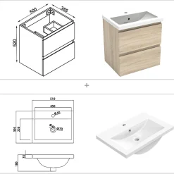 Ensemble meubles Salle de Bain 50cm simple vasque + colonne + miroir rond mural Chêne Wotan