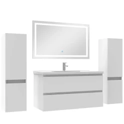 Ensemble meubles Salle de Bain 100cm simple vasque + colonne + miroir lumineux Blanc